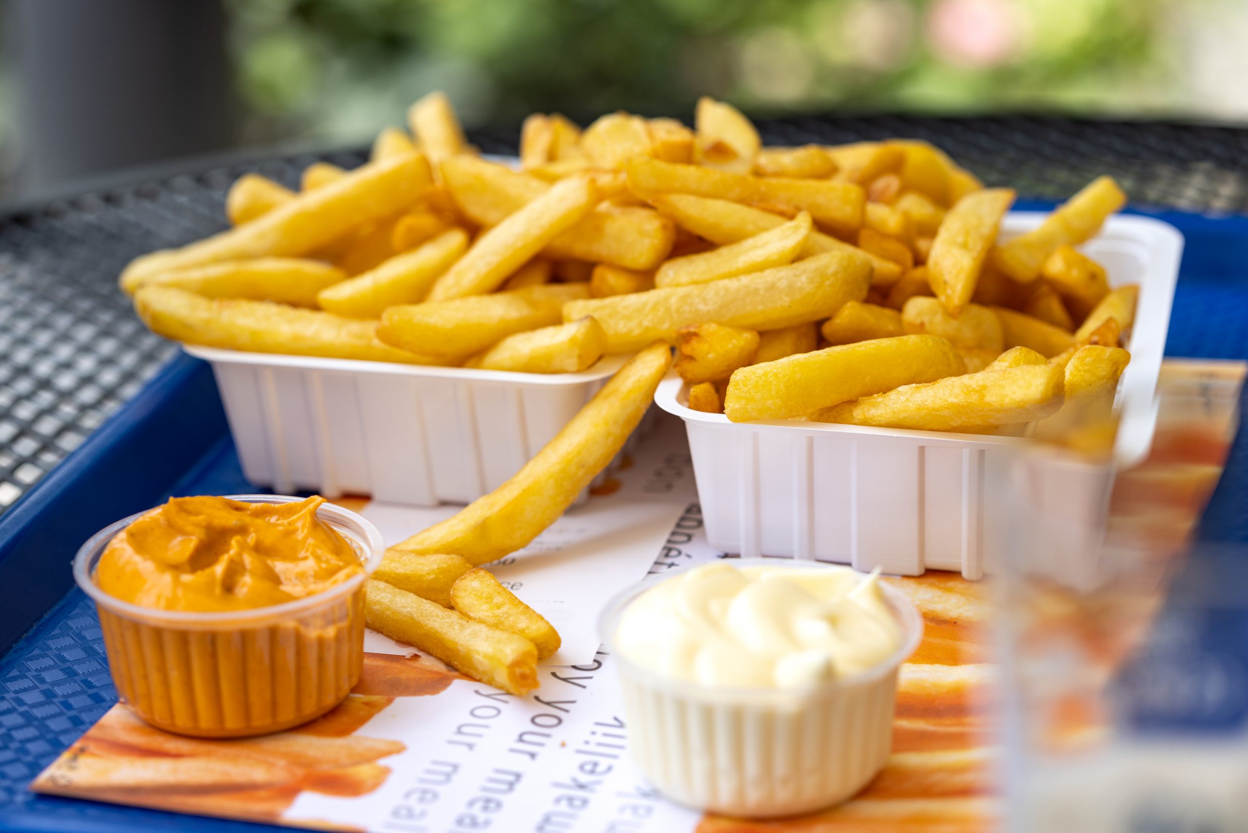 Golden fries with creamy mayonnaise and spicy ketchup during the summer time.